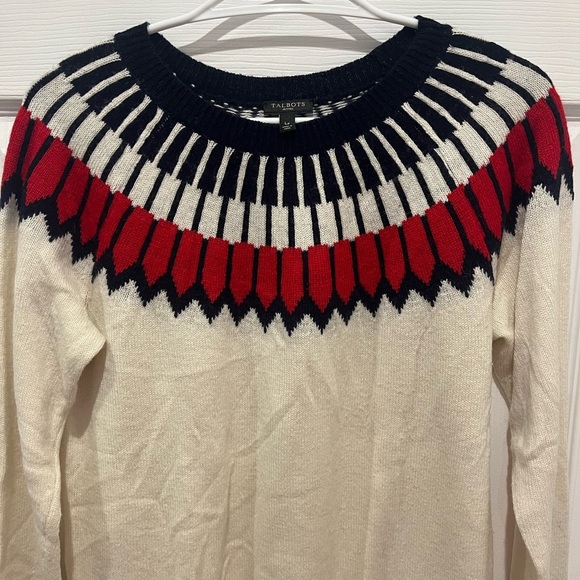 Talbots Womens‎ Wool Blend Fair Isle Nordic Cream Red Blue Sweater Large Winter - Picture 2 of 7